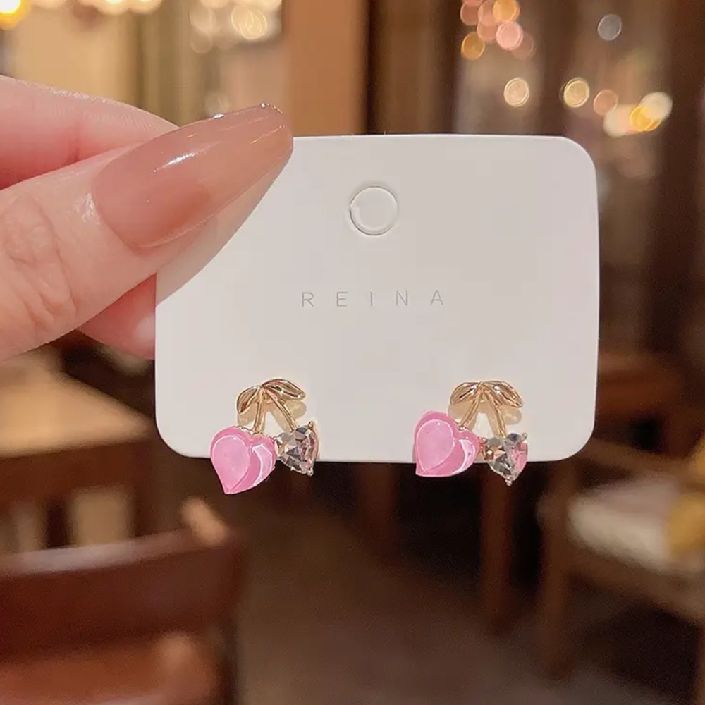 Gold Filled Pink Heart CZ Cherry Earrings